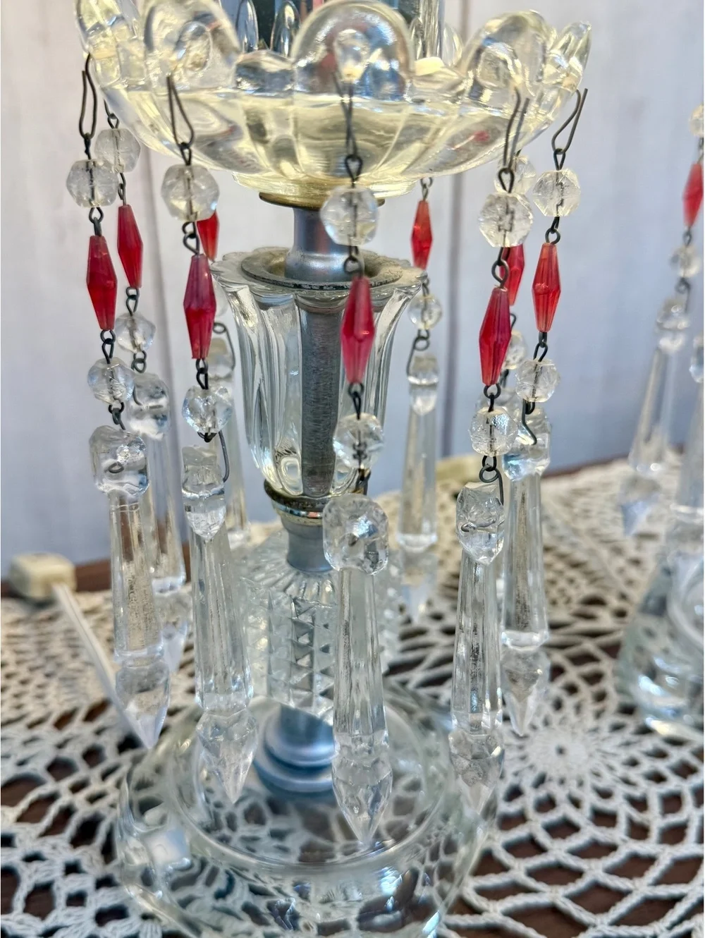 Crystal Hurricane Boudoir Lamps Pair Red Prisms Glass Chimneys Working